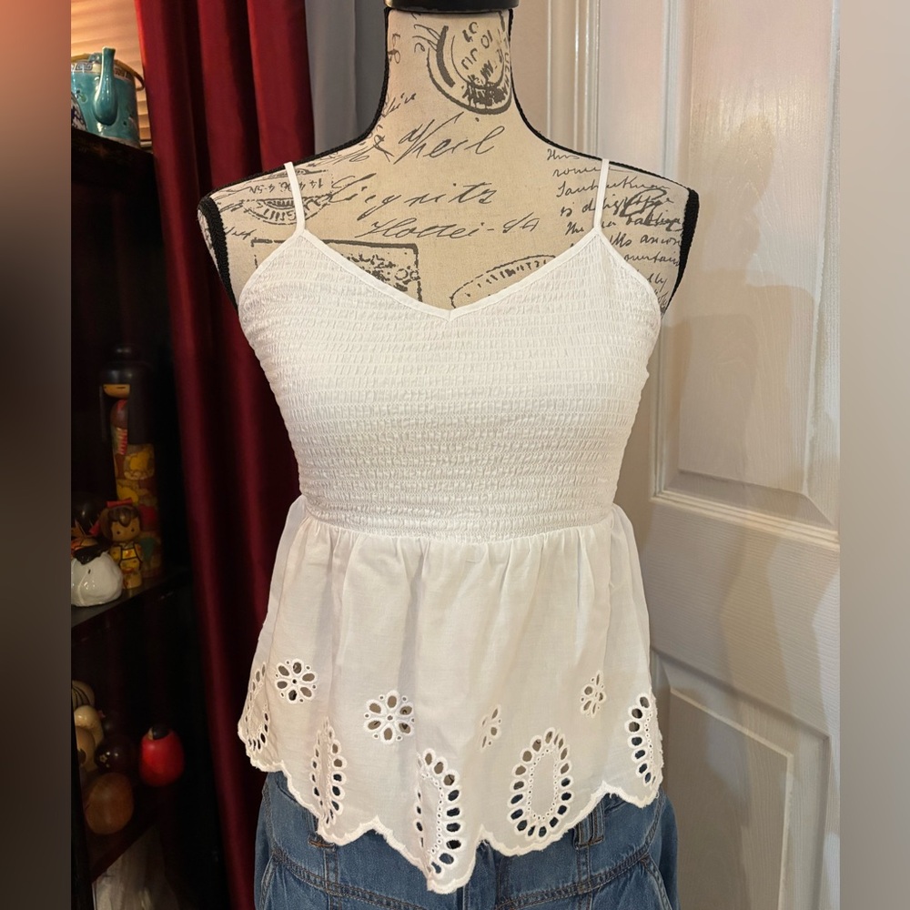 No Boundaries Eyelet Smocked Tank